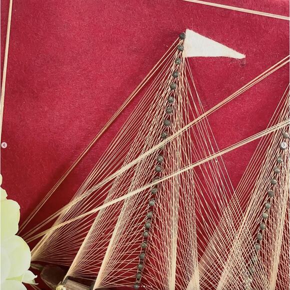 Vintage String Art Ship Boat Wood Body Brass Tacks Gold Thread Red Felt MCM - Picture 4 of 7